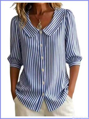 Striped Button-Down Blouse Peter Pan Collar Puff Sleeves